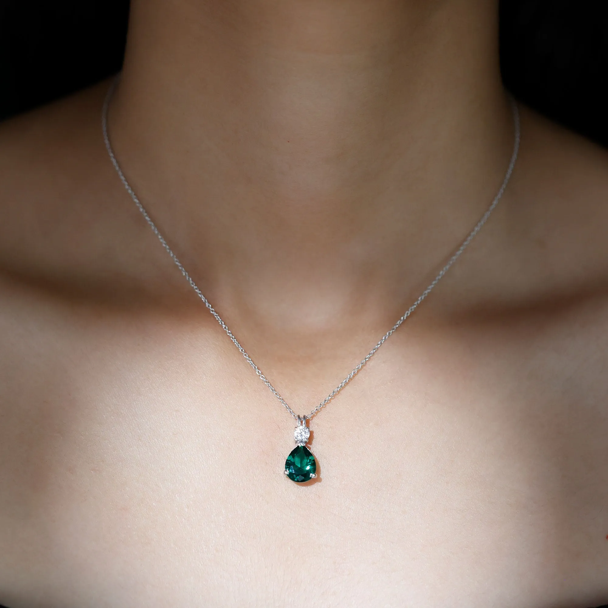 Created Emerald and Zircon Modern Teardrop Pendant in Silver