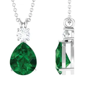 Created Emerald and Zircon Modern Teardrop Pendant in Silver