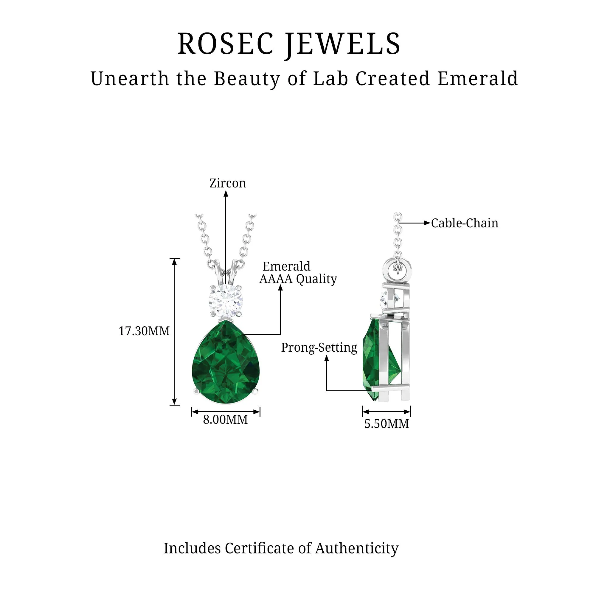 Created Emerald and Zircon Modern Teardrop Pendant in Silver
