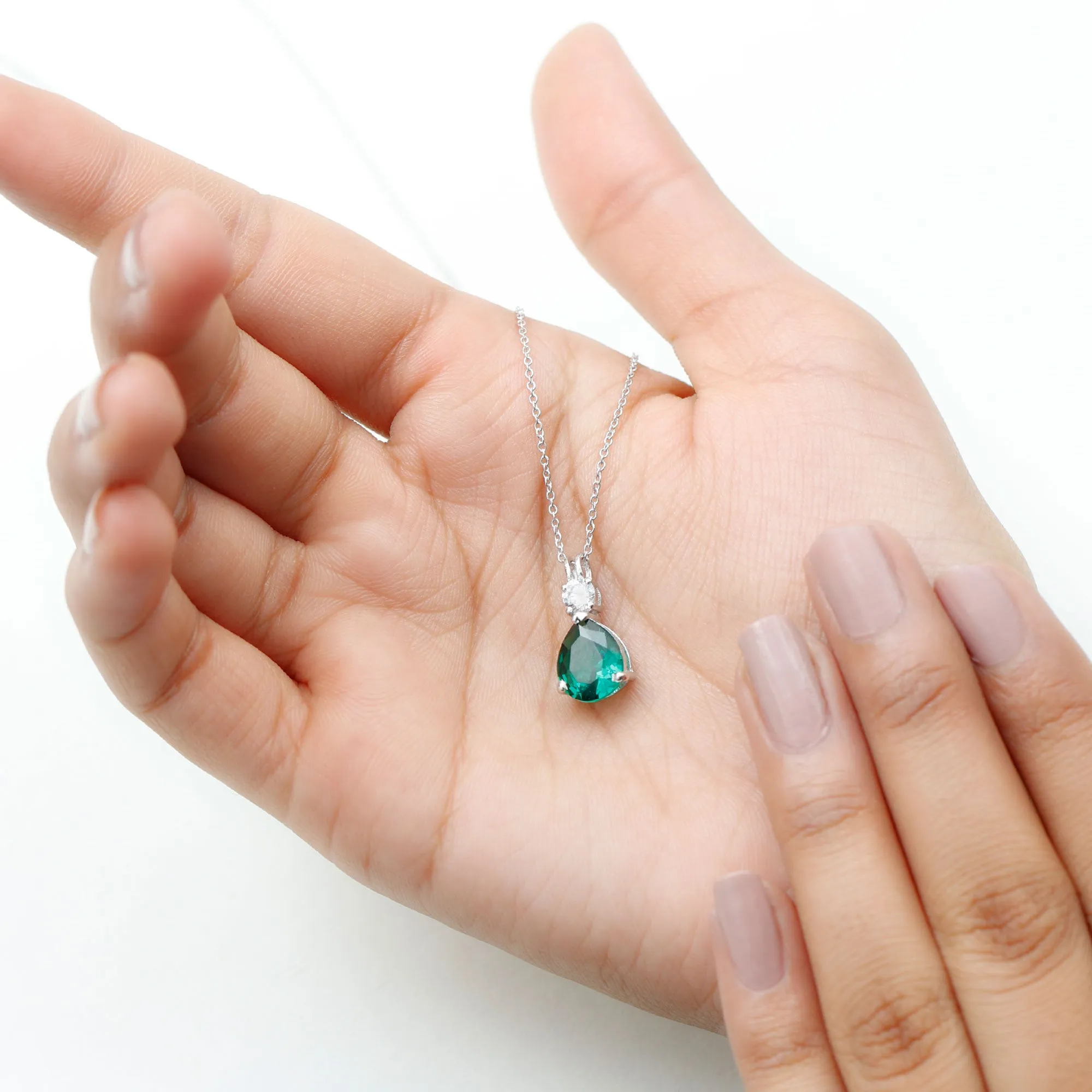 Created Emerald and Zircon Modern Teardrop Pendant in Silver