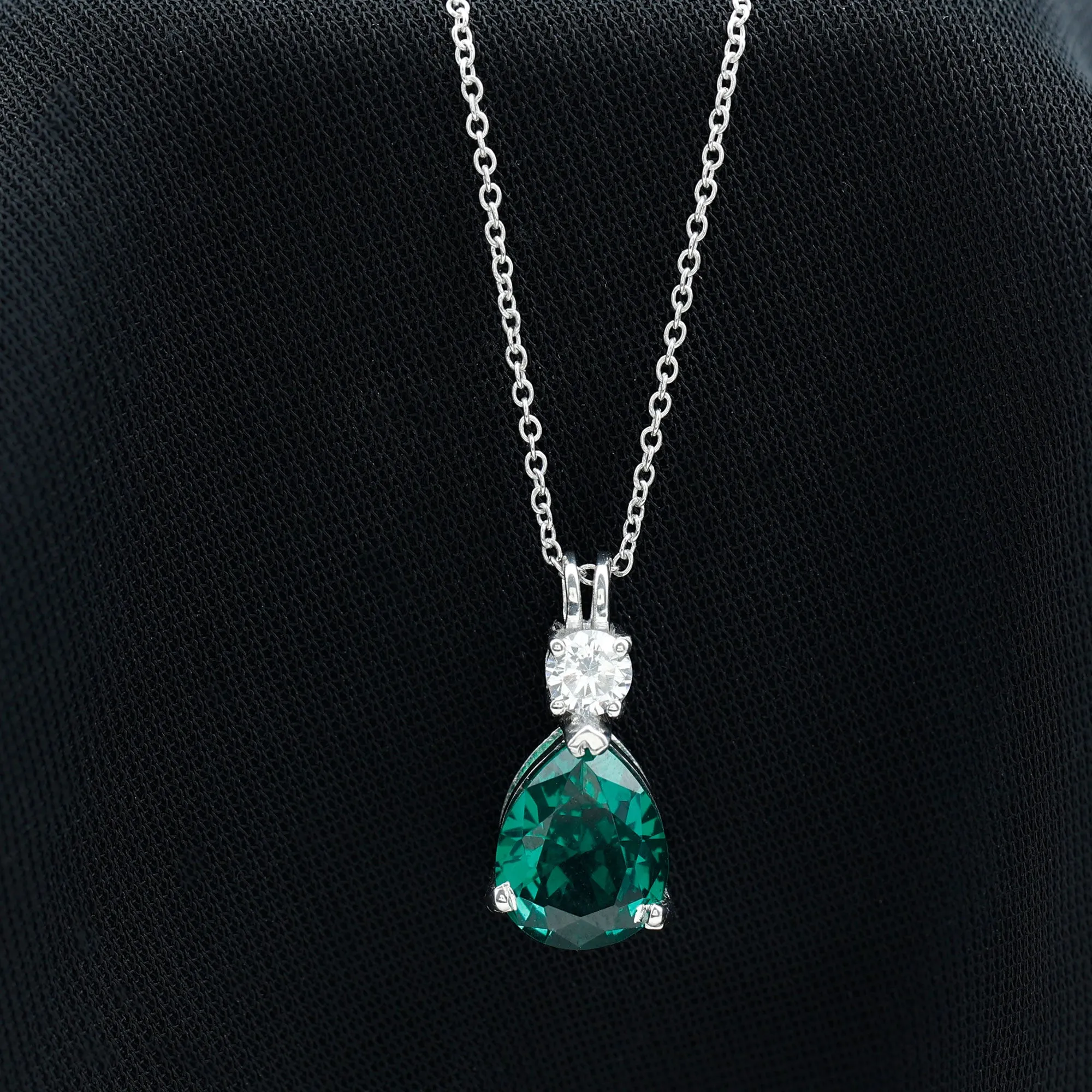Created Emerald and Zircon Modern Teardrop Pendant in Silver