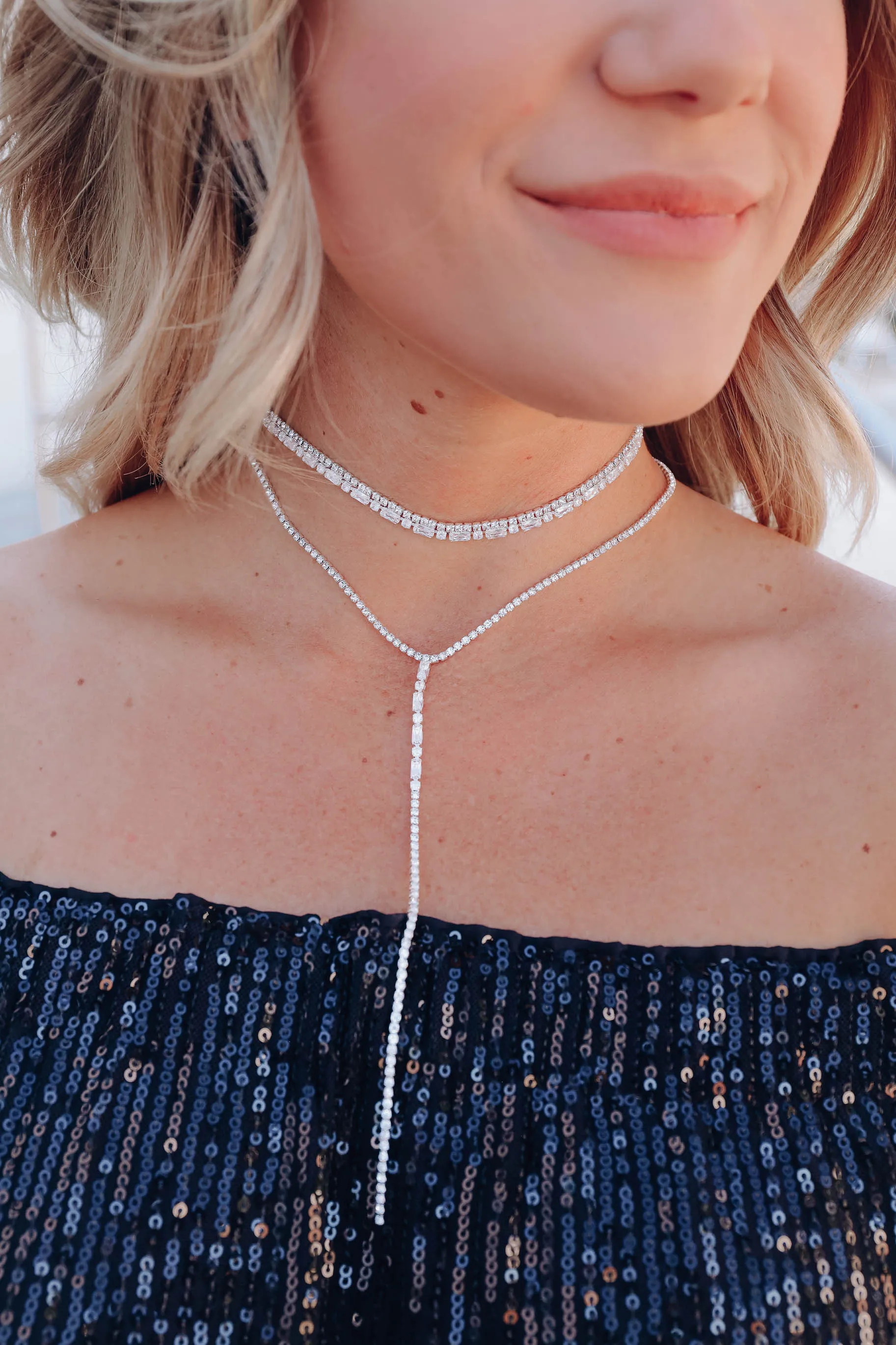 Crystal Choker N Lariat Necklace Set - Silver