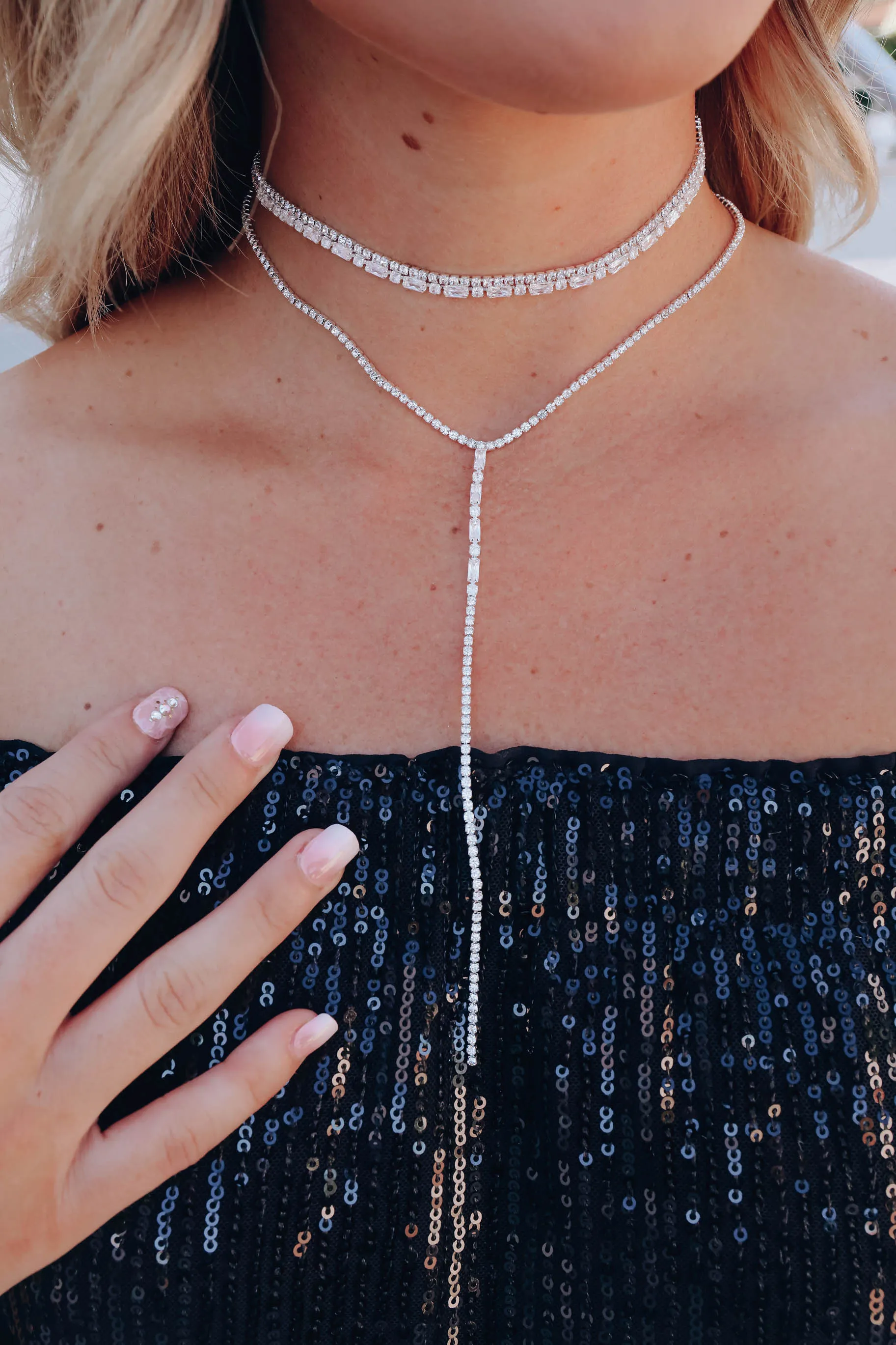 Crystal Choker N Lariat Necklace Set - Silver