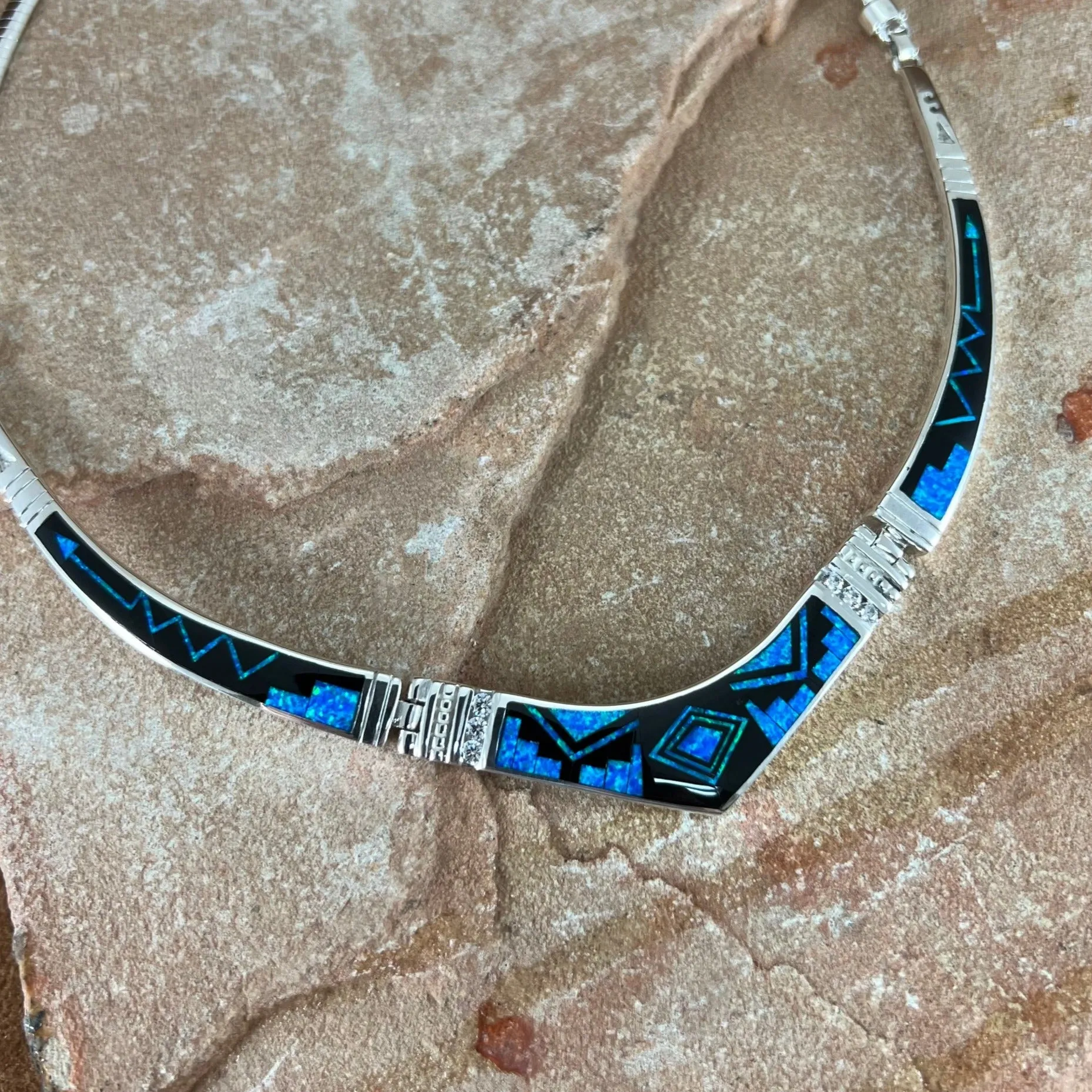 David Rosales Black Beauty Fancy Inlaid Sterling Silver Necklace w Cubic Zirconia