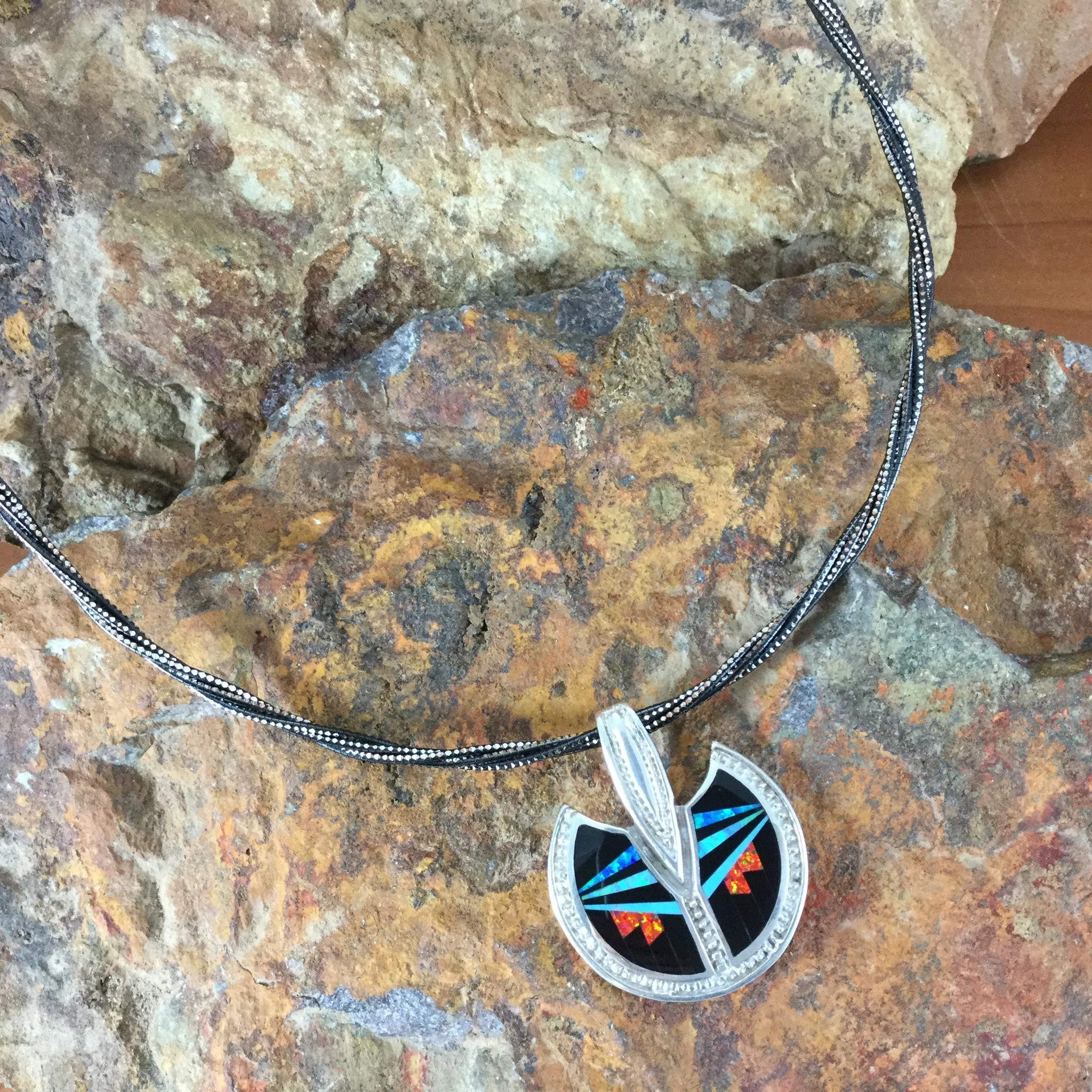David Rosales Red Moon Inlaid Sterling Silver Pendant w/ Necklace