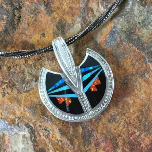 David Rosales Red Moon Inlaid Sterling Silver Pendant w/ Necklace