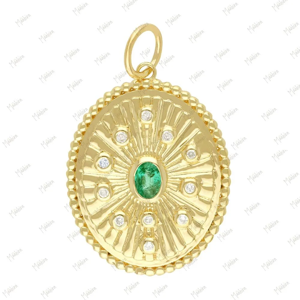 Diamond & Emerald Oval Shape Pendant 18.50x22mm