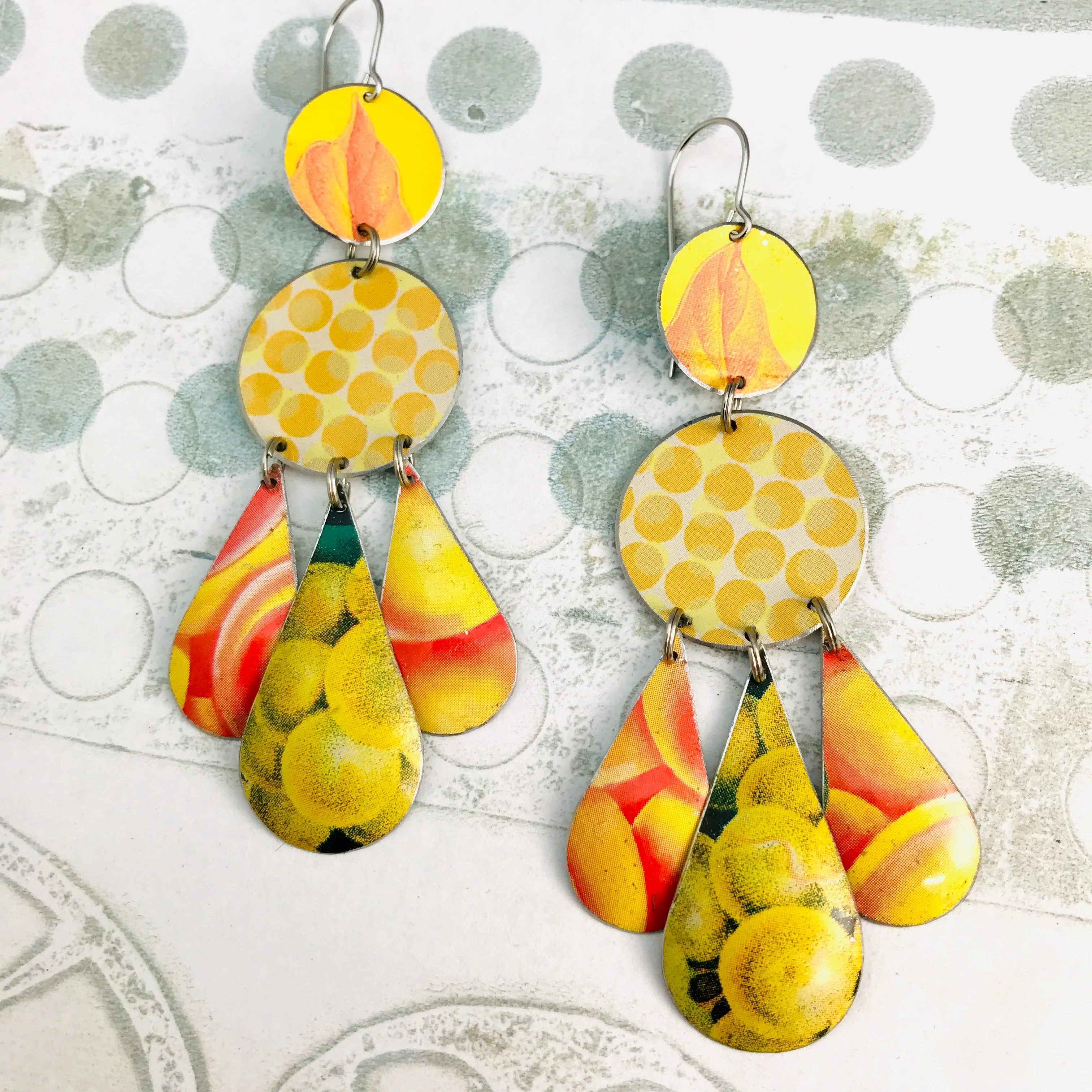 Dots & Fruits & Leaves Zero Waste Tin Chandelier Earrings