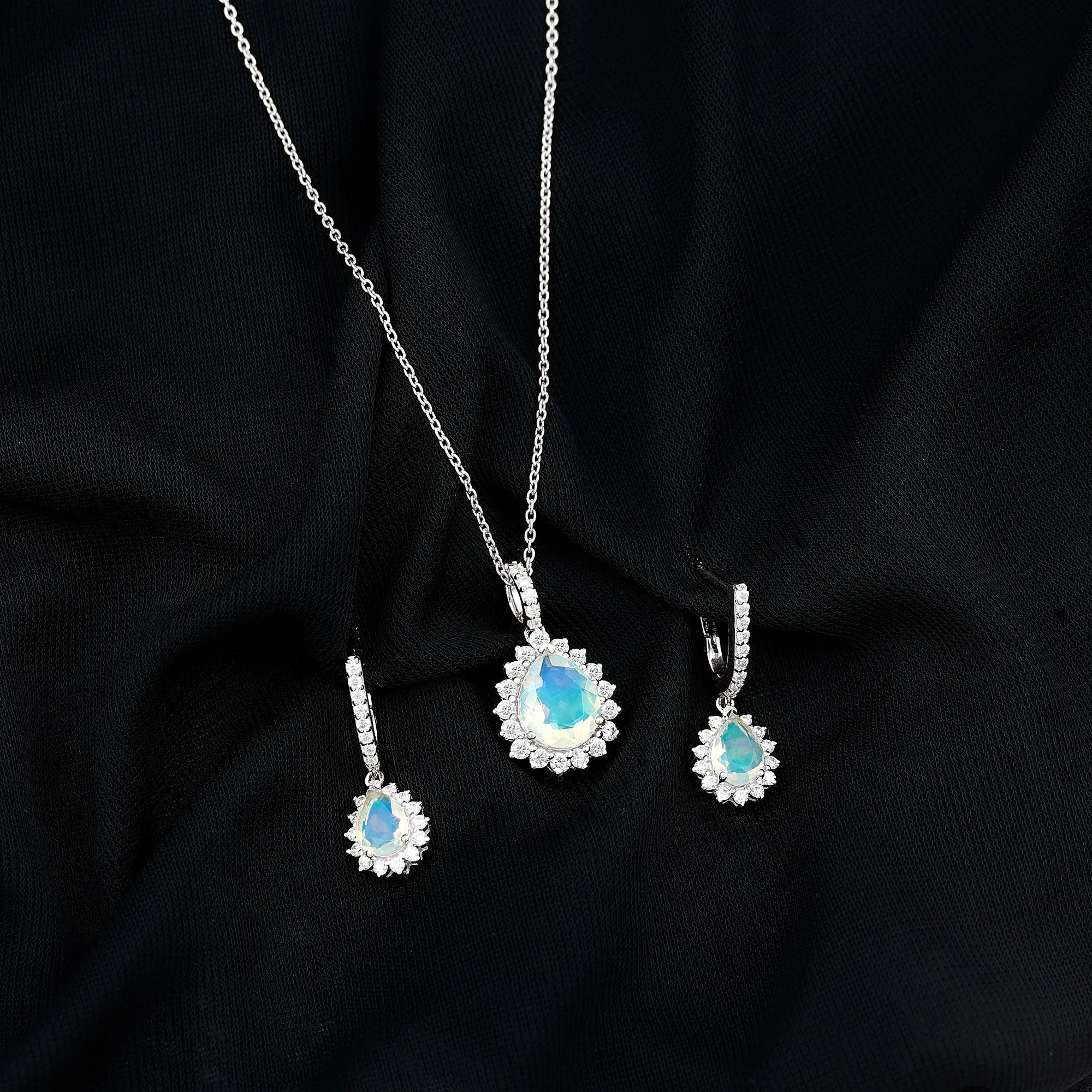Ethiopian Opal and Moissanite Teardrop Jewelry Set