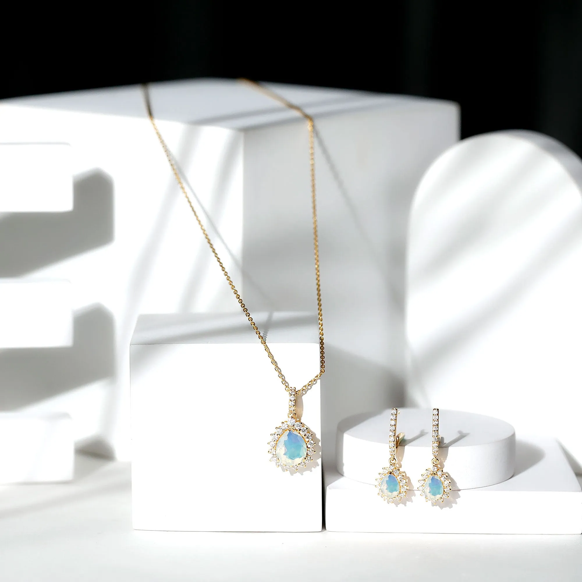 Ethiopian Opal and Moissanite Teardrop Jewelry Set
