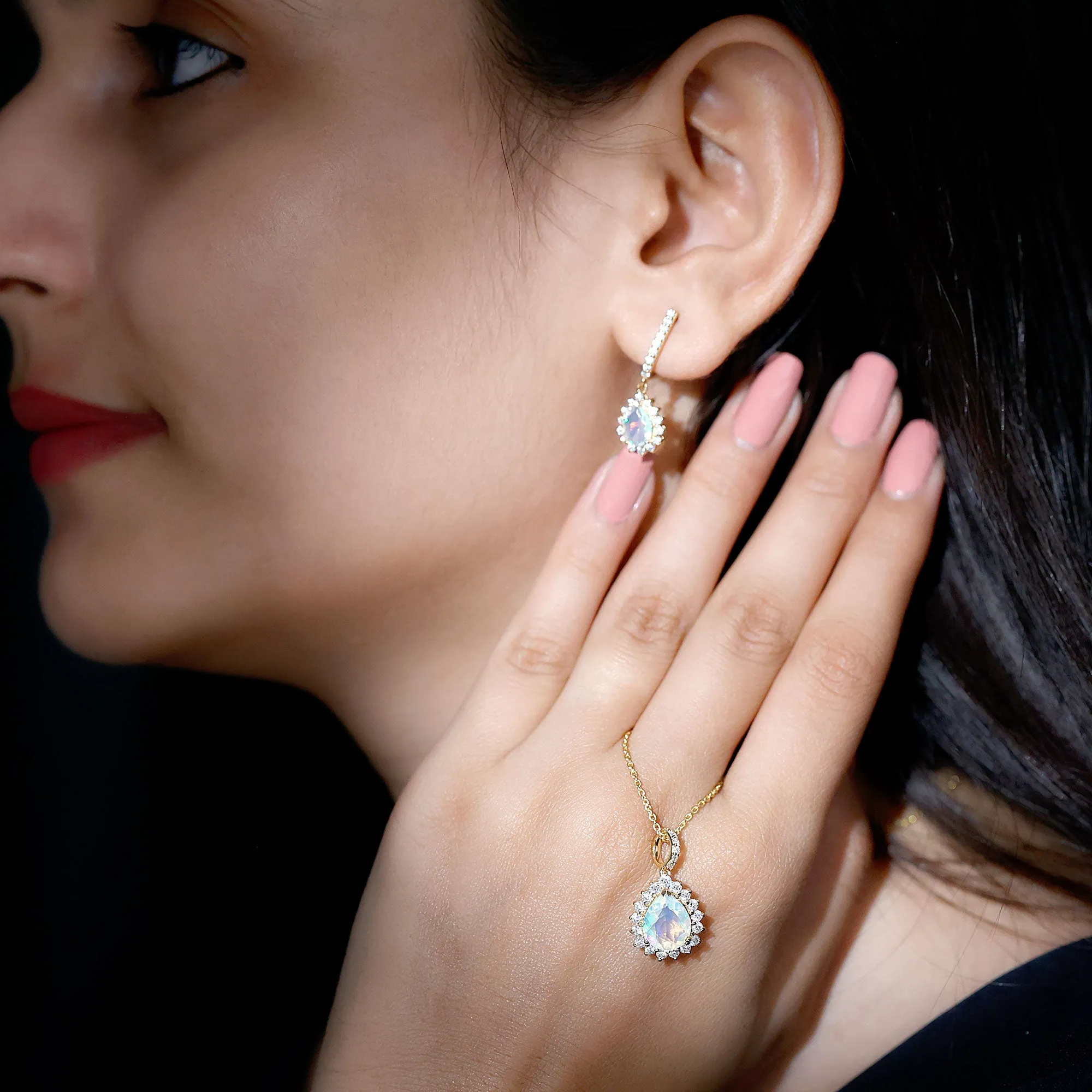 Ethiopian Opal and Moissanite Teardrop Jewelry Set