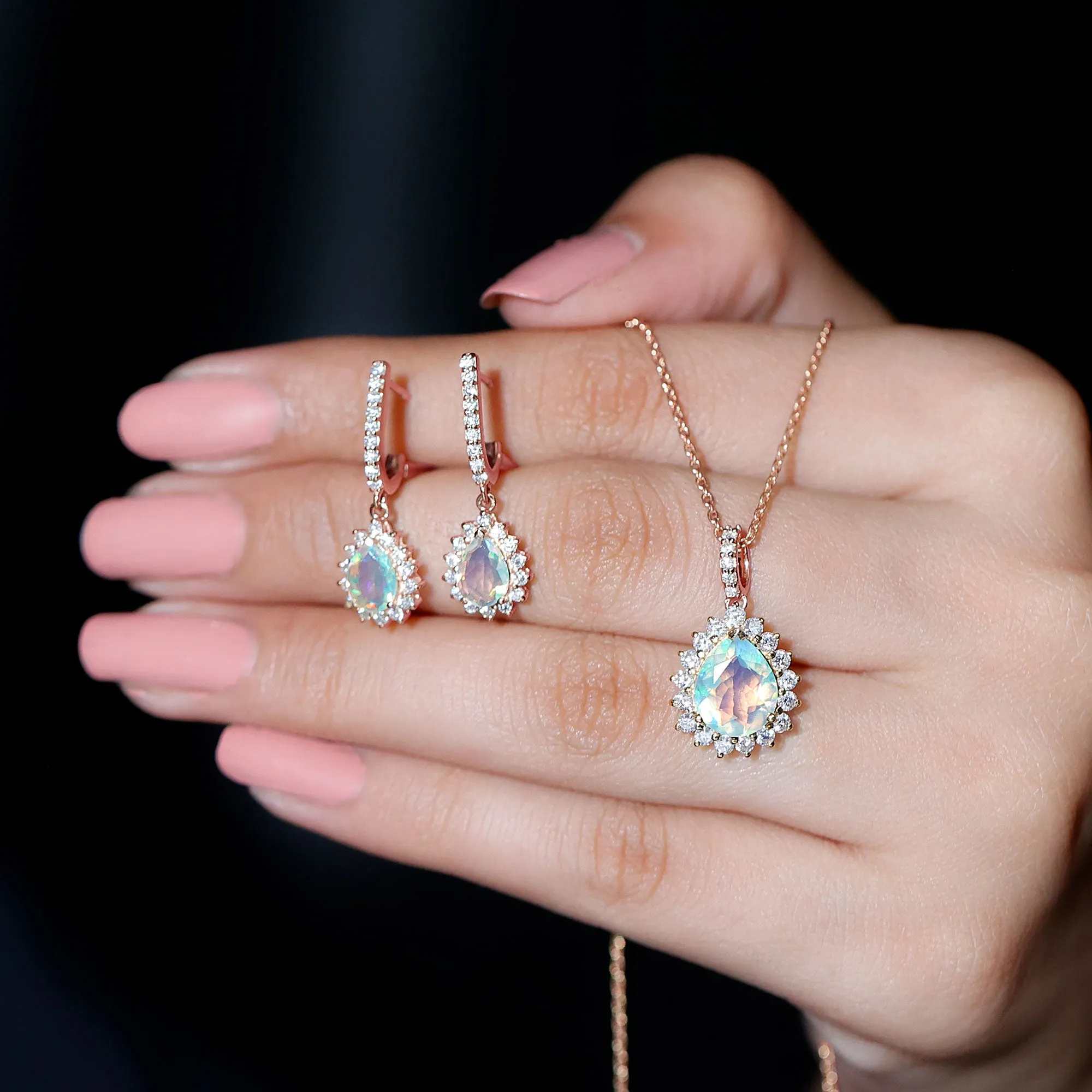 Ethiopian Opal and Moissanite Teardrop Jewelry Set