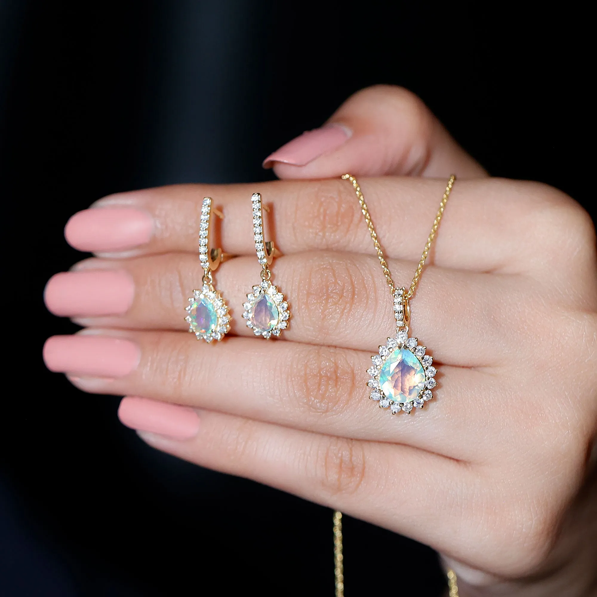 Ethiopian Opal and Moissanite Teardrop Jewelry Set