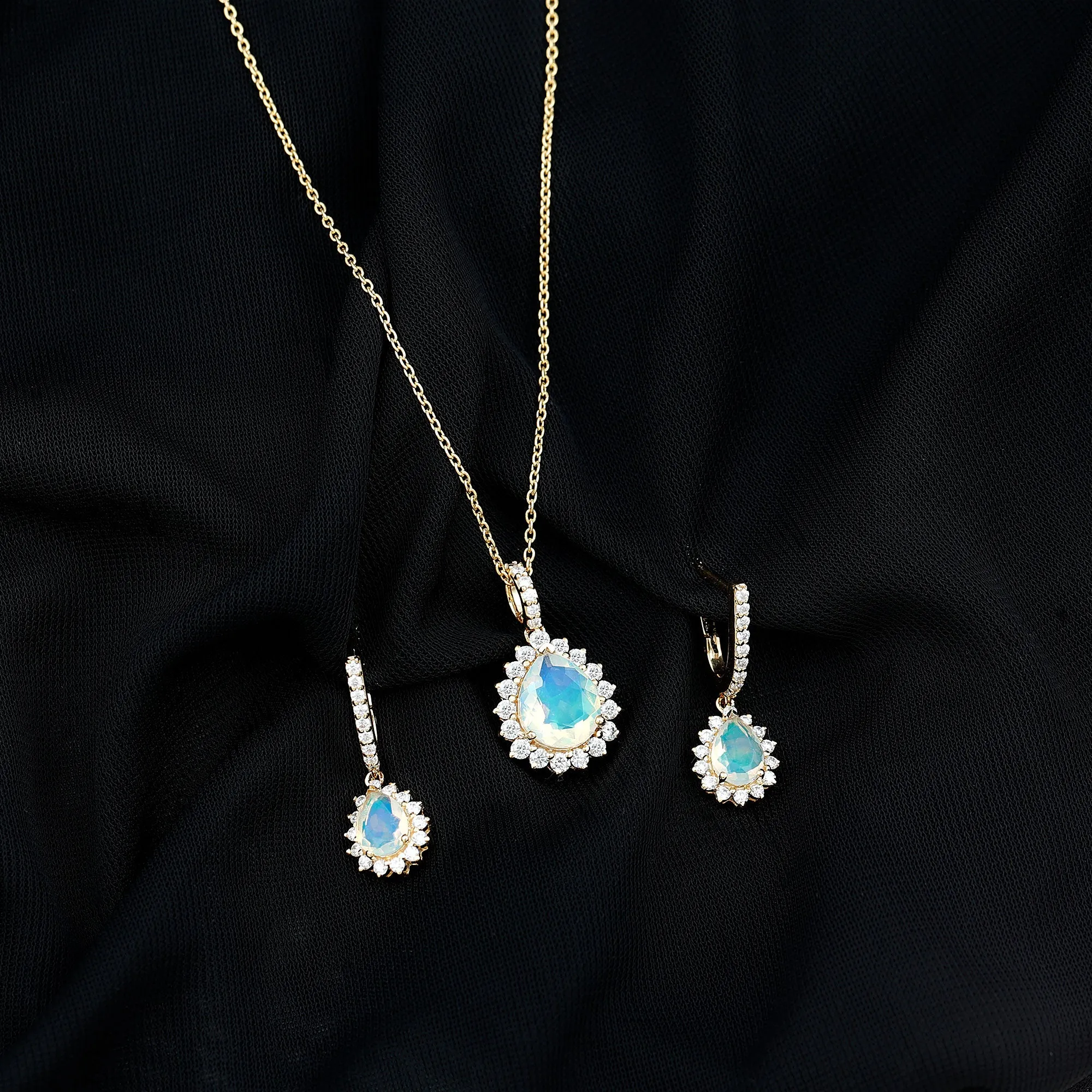 Ethiopian Opal and Moissanite Teardrop Jewelry Set