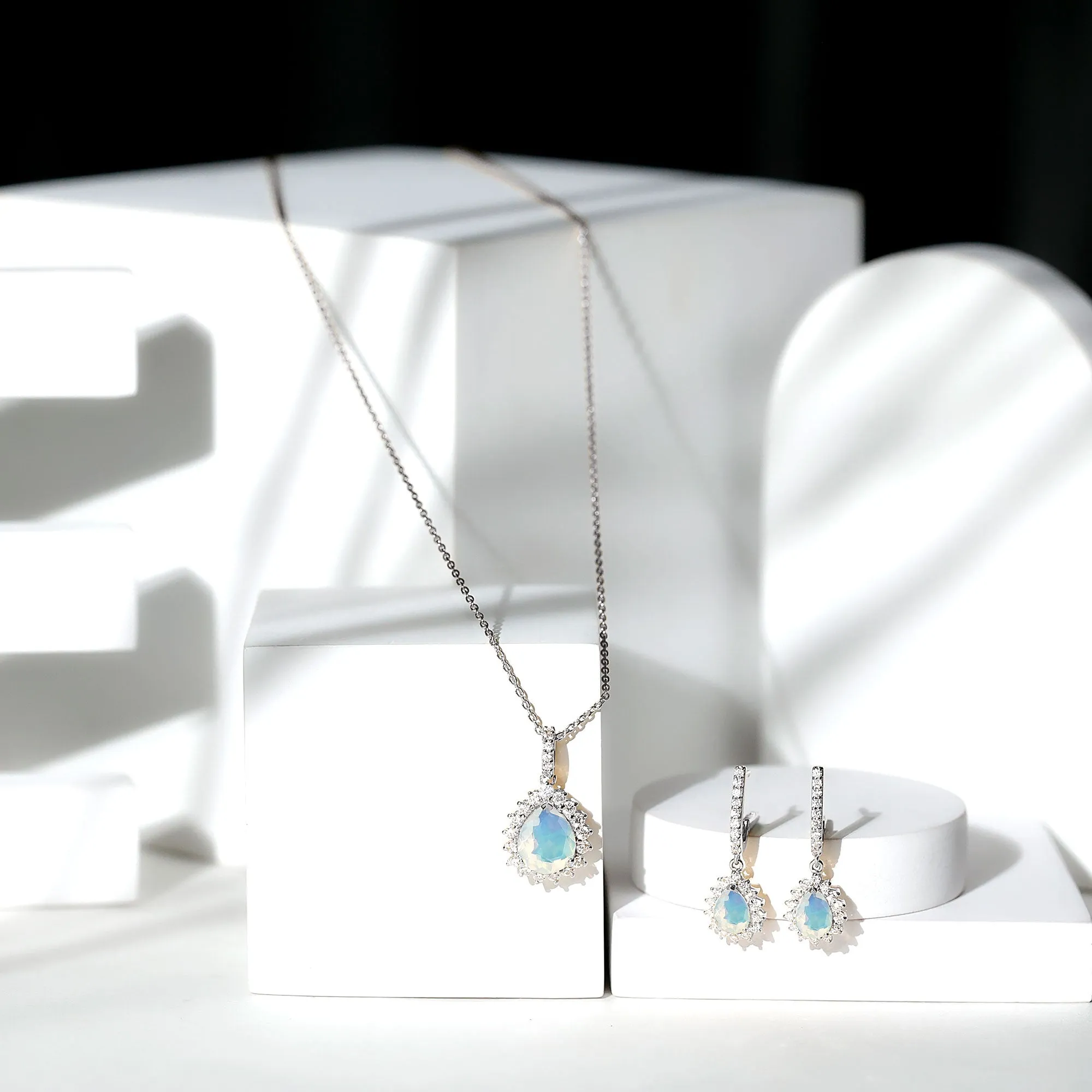 Ethiopian Opal and Moissanite Teardrop Jewelry Set