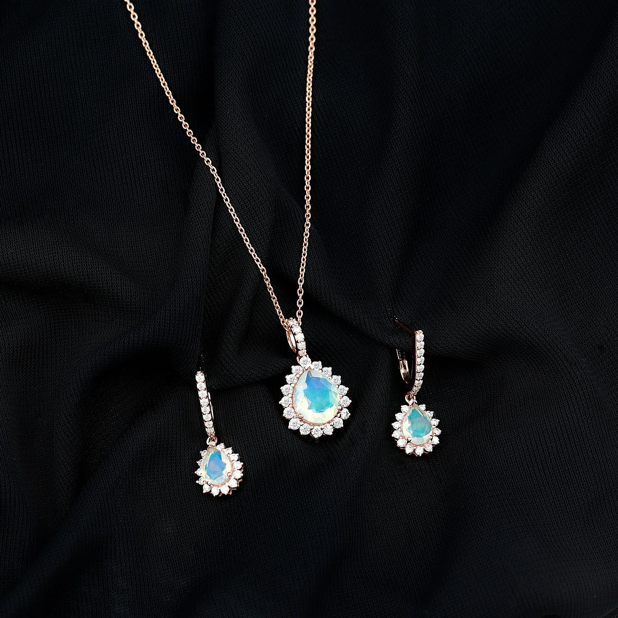 Ethiopian Opal and Moissanite Teardrop Jewelry Set