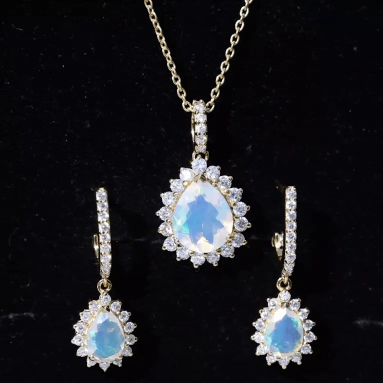 Ethiopian Opal and Moissanite Teardrop Jewelry Set
