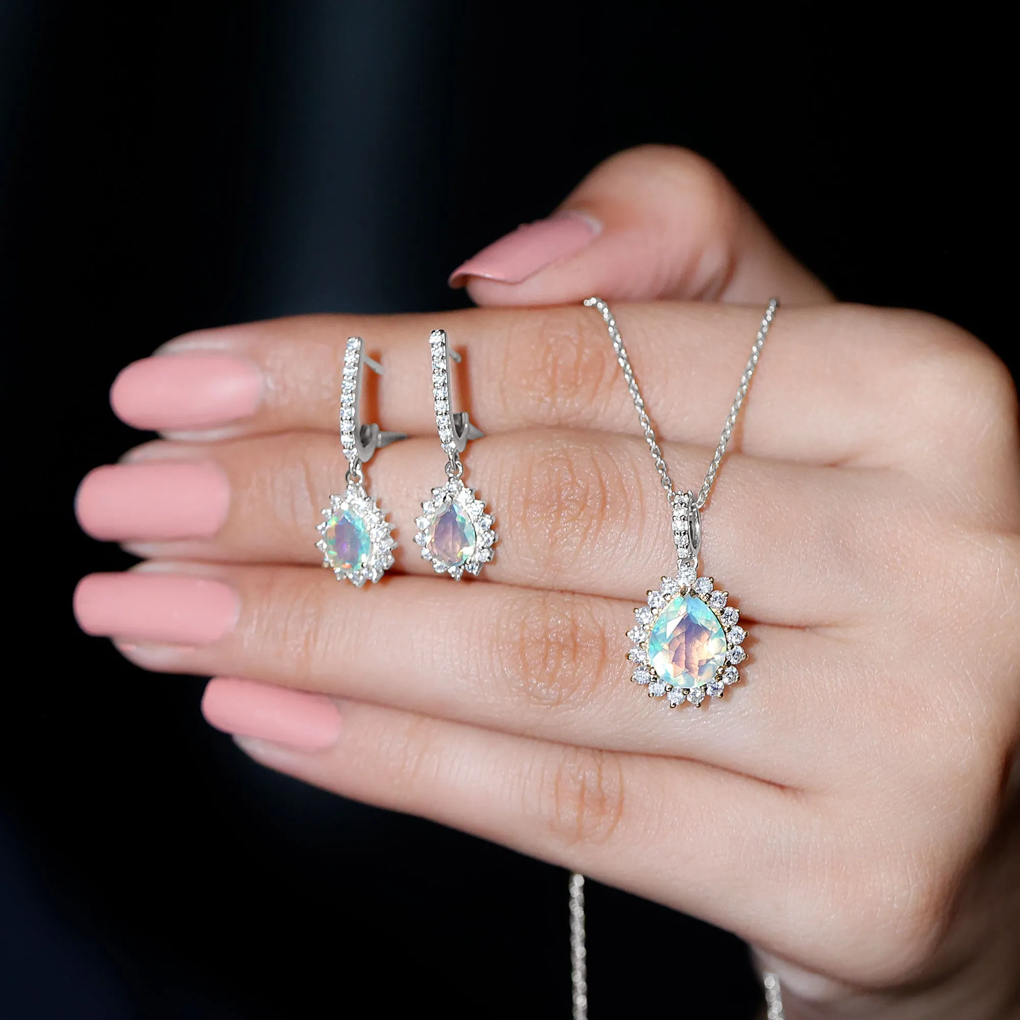Ethiopian Opal and Moissanite Teardrop Jewelry Set