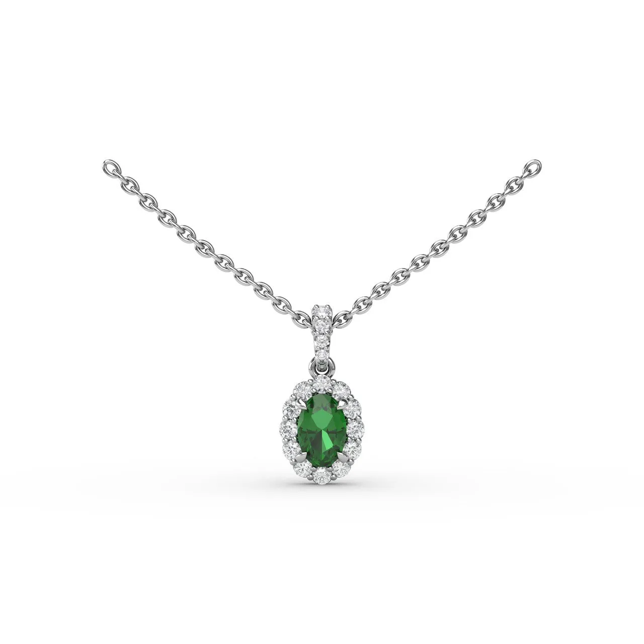 Fana 14k White Gold Emerald and Diamond Halo Necklace