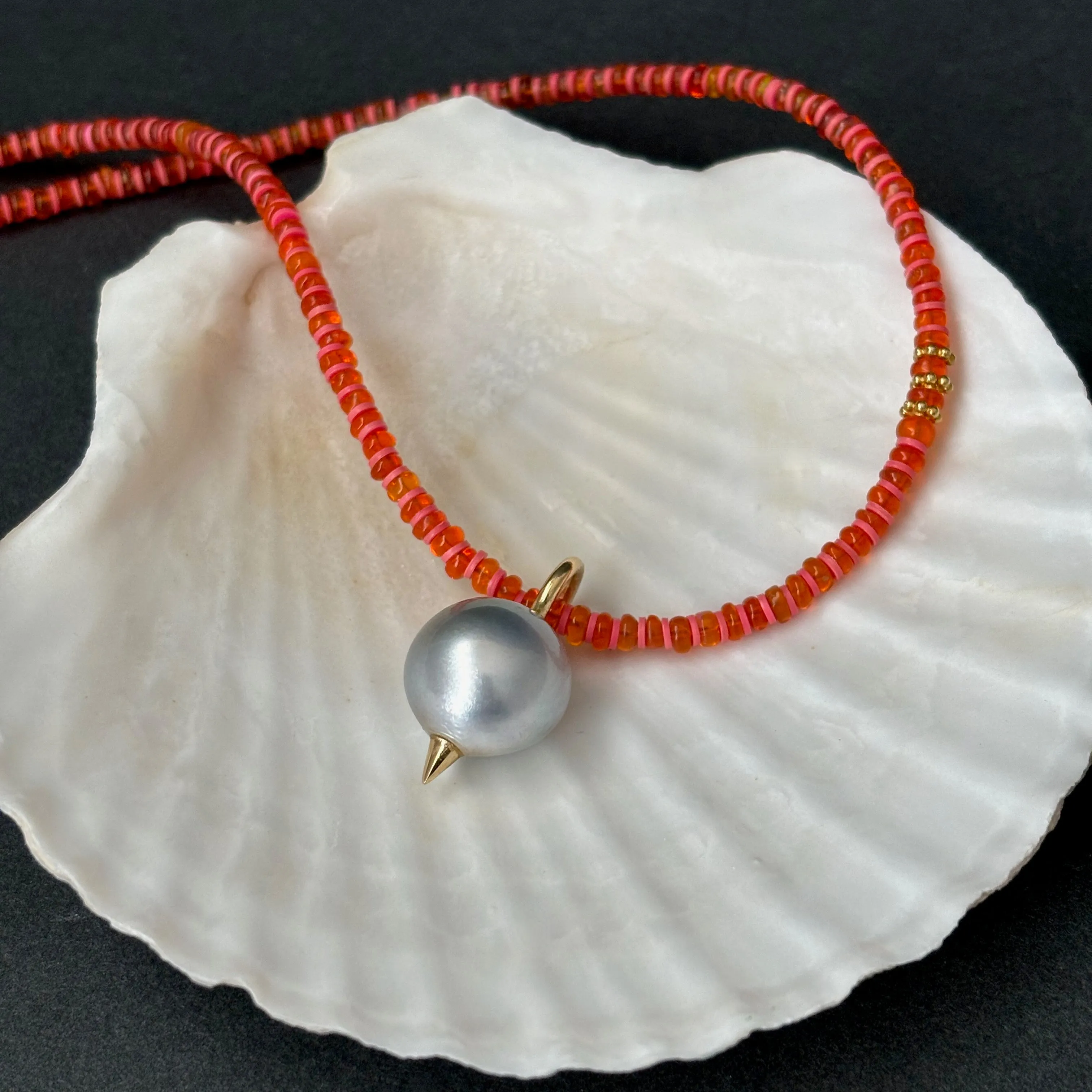 fire opal and Tahitian pearl pendant necklace