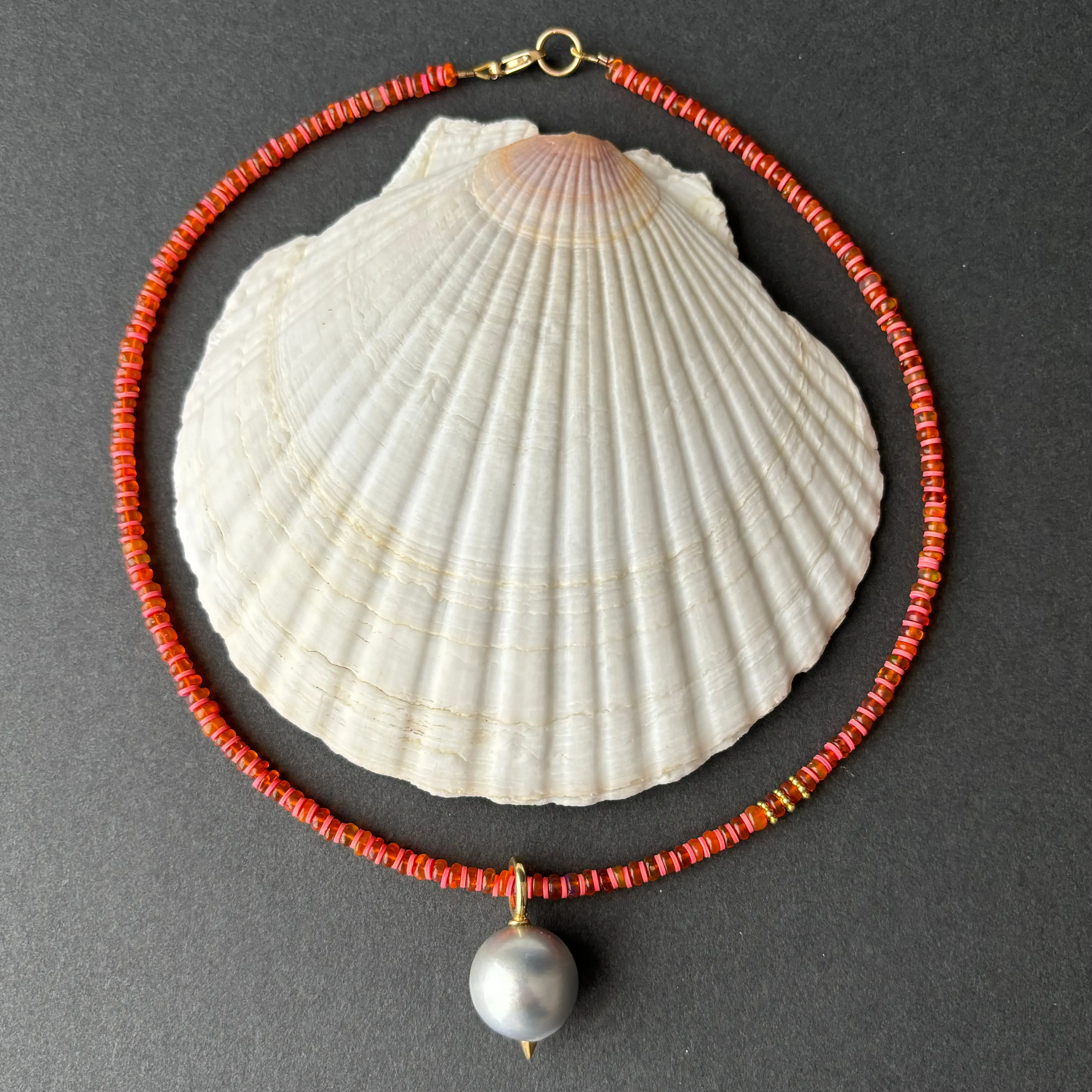 fire opal and Tahitian pearl pendant necklace