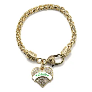 Gold Emerald Green Bride Pave Heart Charm Braided Bracelet