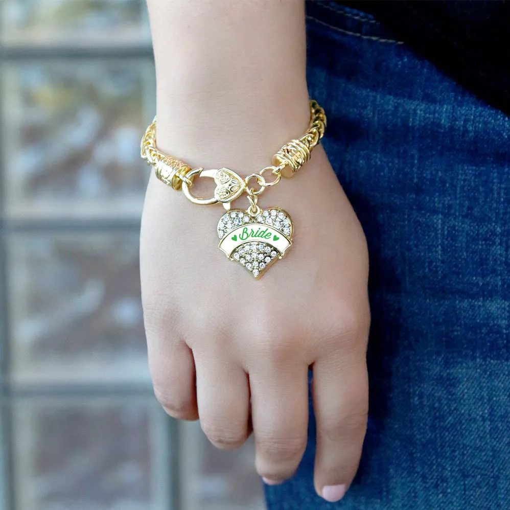 Gold Emerald Green Bride Pave Heart Charm Braided Bracelet