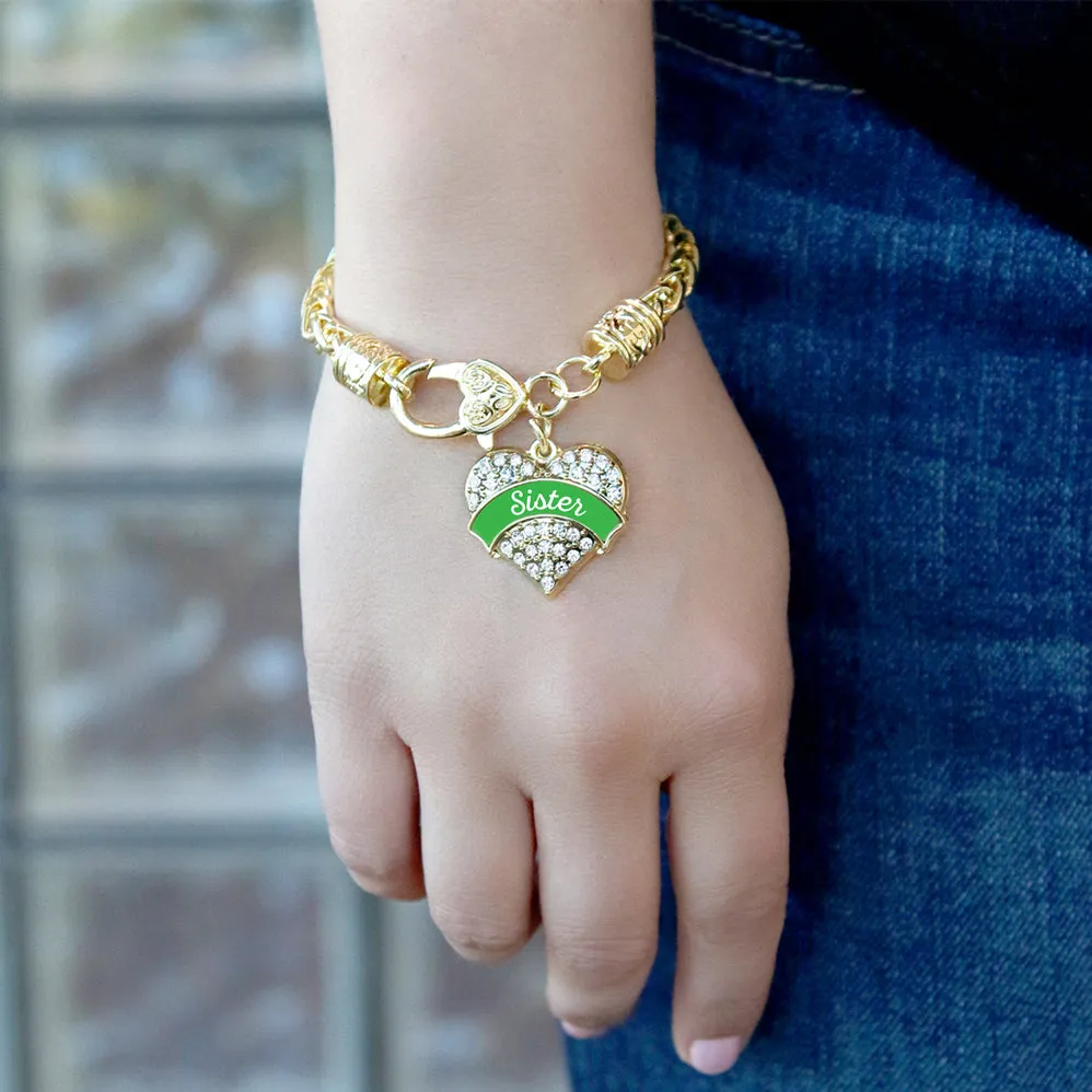 Gold Emerald Green Sister Pave Heart Charm Braided Bracelet