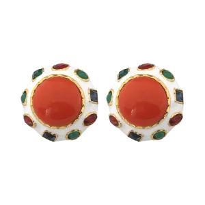 Gold Multicolored Gemstone With Coral Cabochon Earring