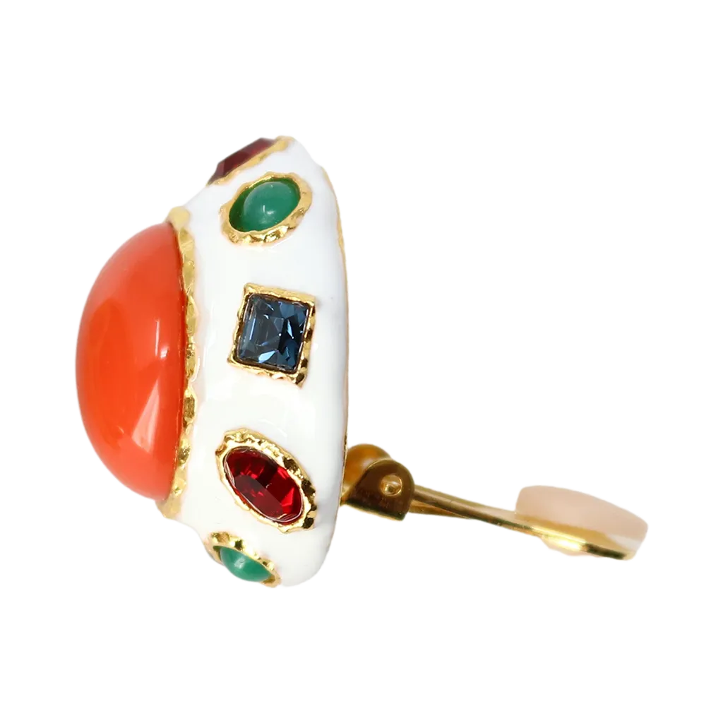 Gold Multicolored Gemstone With Coral Cabochon Earring