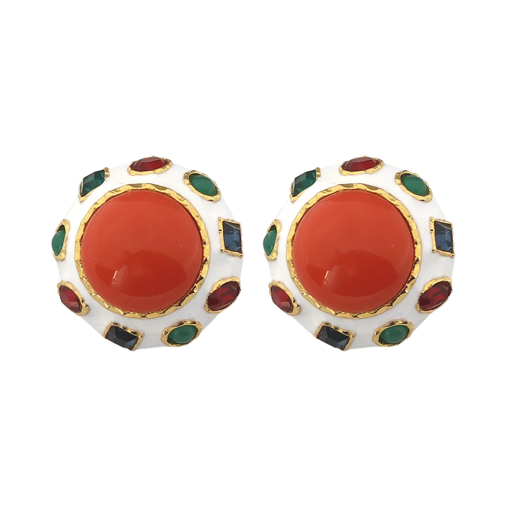 Gold Multicolored Gemstone With Coral Cabochon Earring
