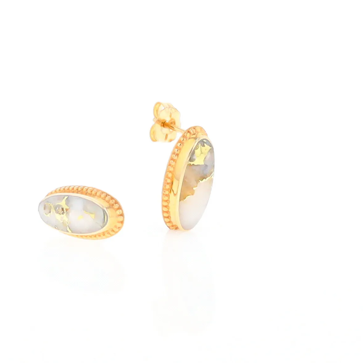 Gold Quartz Earrings Oval Inlaid Milgrain Design