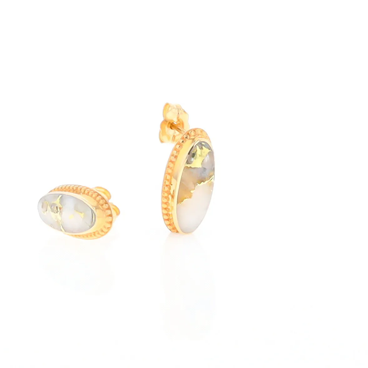 Gold Quartz Earrings Oval Inlaid Milgrain Design