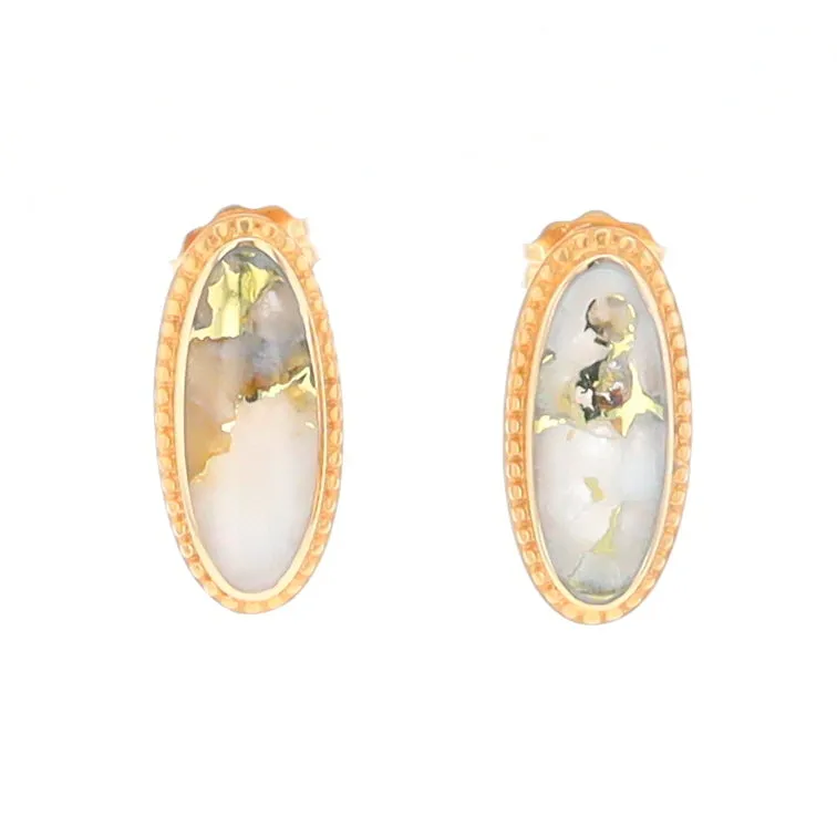 Gold Quartz Earrings Oval Inlaid Milgrain Design