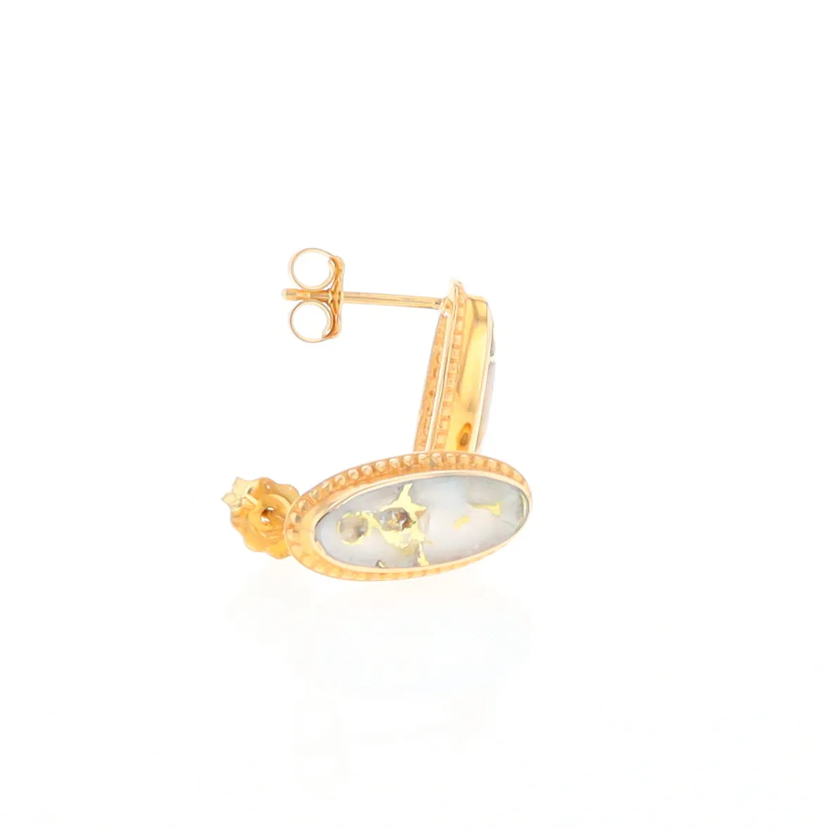 Gold Quartz Earrings Oval Inlaid Milgrain Design