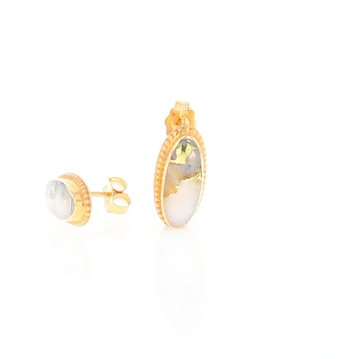 Gold Quartz Earrings Oval Inlaid Milgrain Design