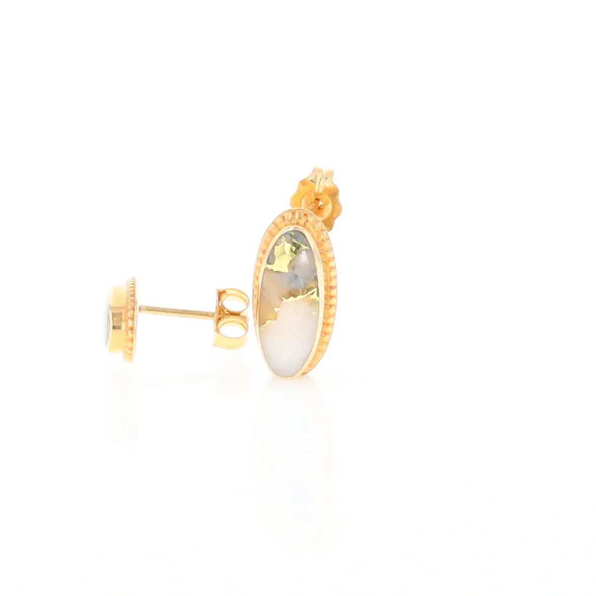 Gold Quartz Earrings Oval Inlaid Milgrain Design