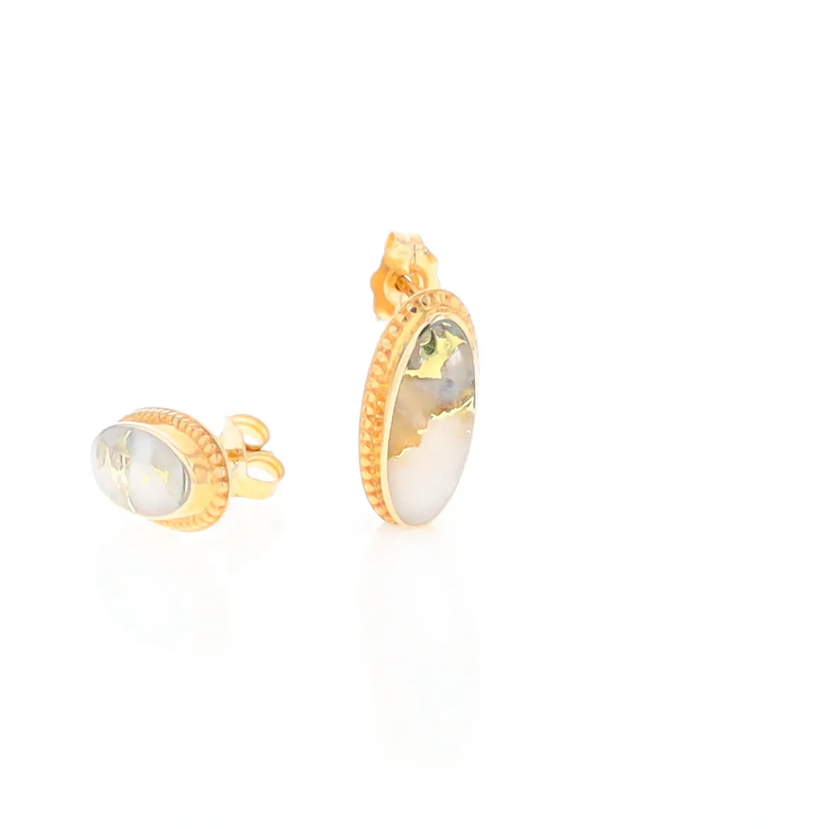 Gold Quartz Earrings Oval Inlaid Milgrain Design
