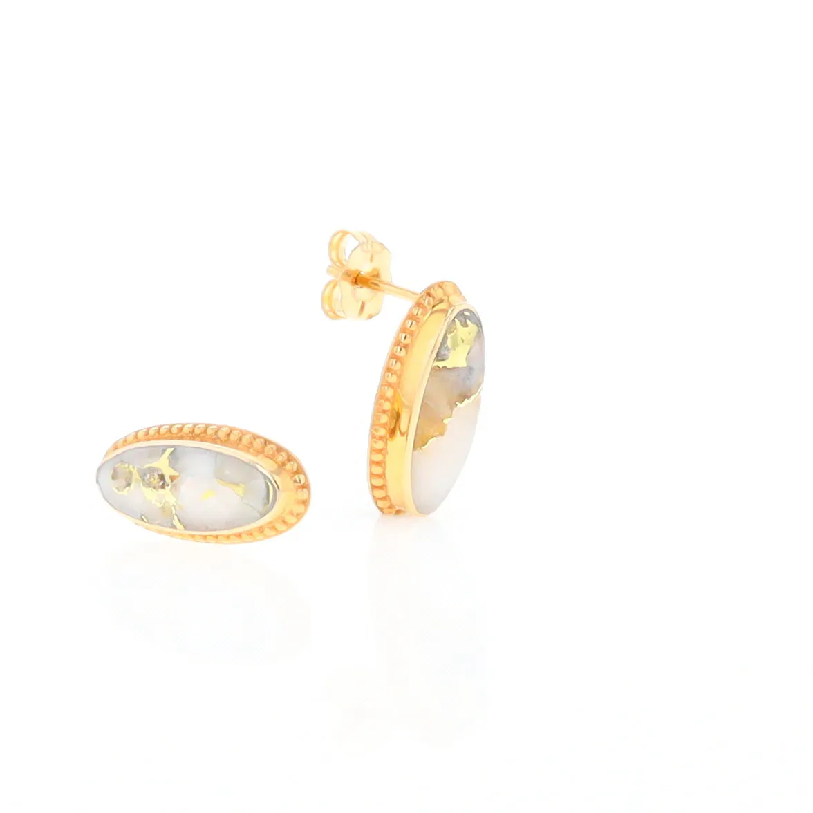 Gold Quartz Earrings Oval Inlaid Milgrain Design
