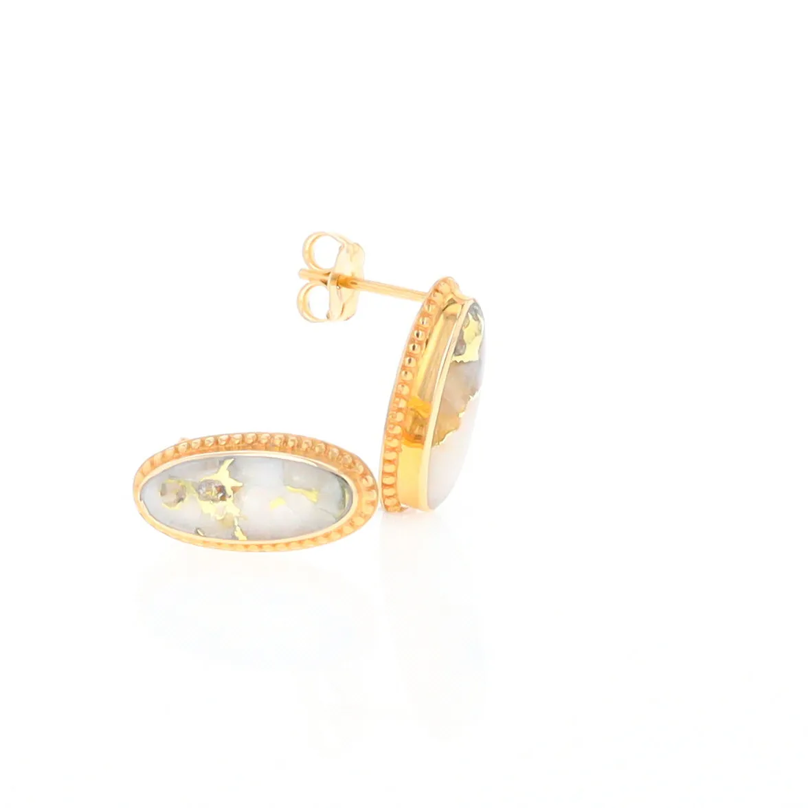 Gold Quartz Earrings Oval Inlaid Milgrain Design