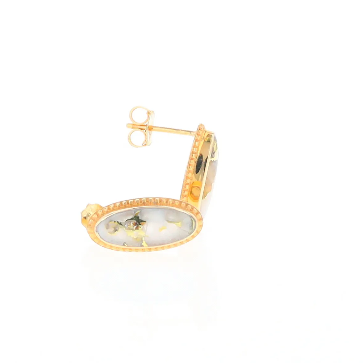 Gold Quartz Earrings Oval Inlaid Milgrain Design