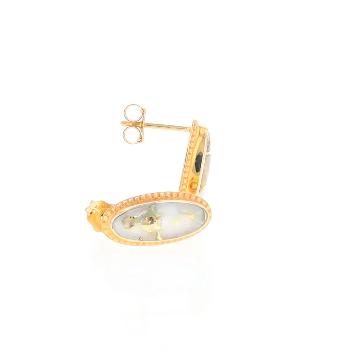 Gold Quartz Earrings Oval Inlaid Milgrain Design