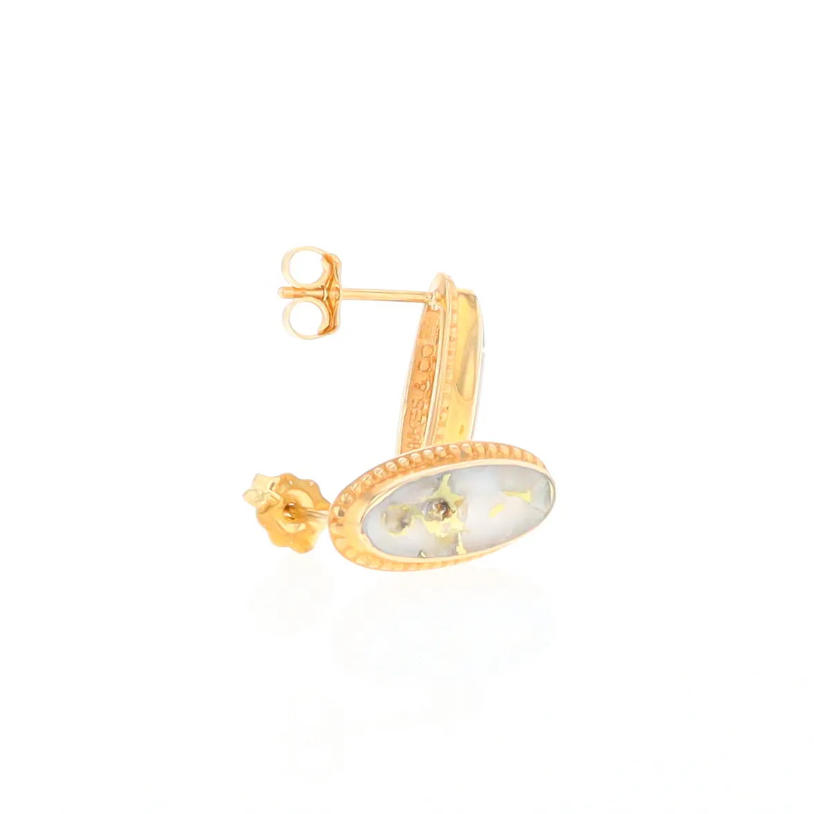 Gold Quartz Earrings Oval Inlaid Milgrain Design