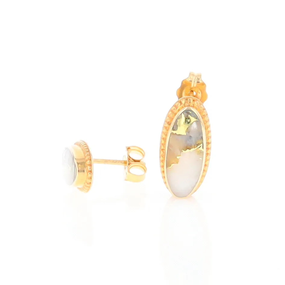 Gold Quartz Earrings Oval Inlaid Milgrain Design