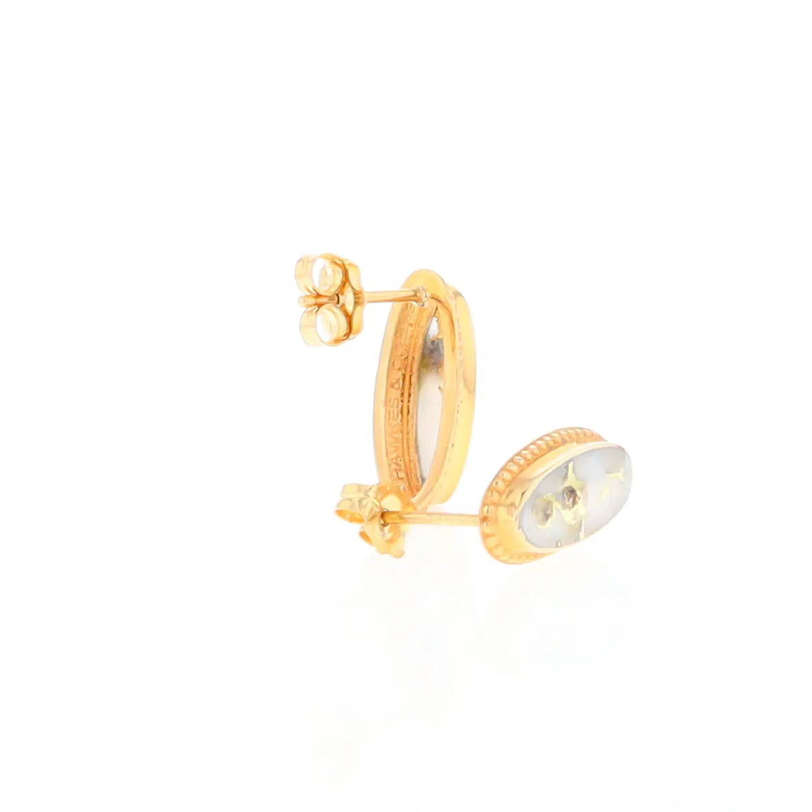 Gold Quartz Earrings Oval Inlaid Milgrain Design