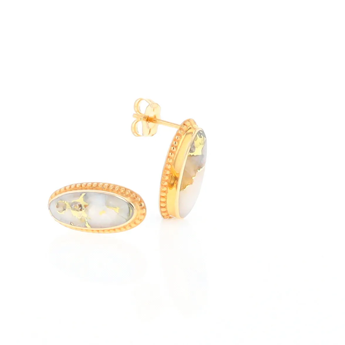 Gold Quartz Earrings Oval Inlaid Milgrain Design