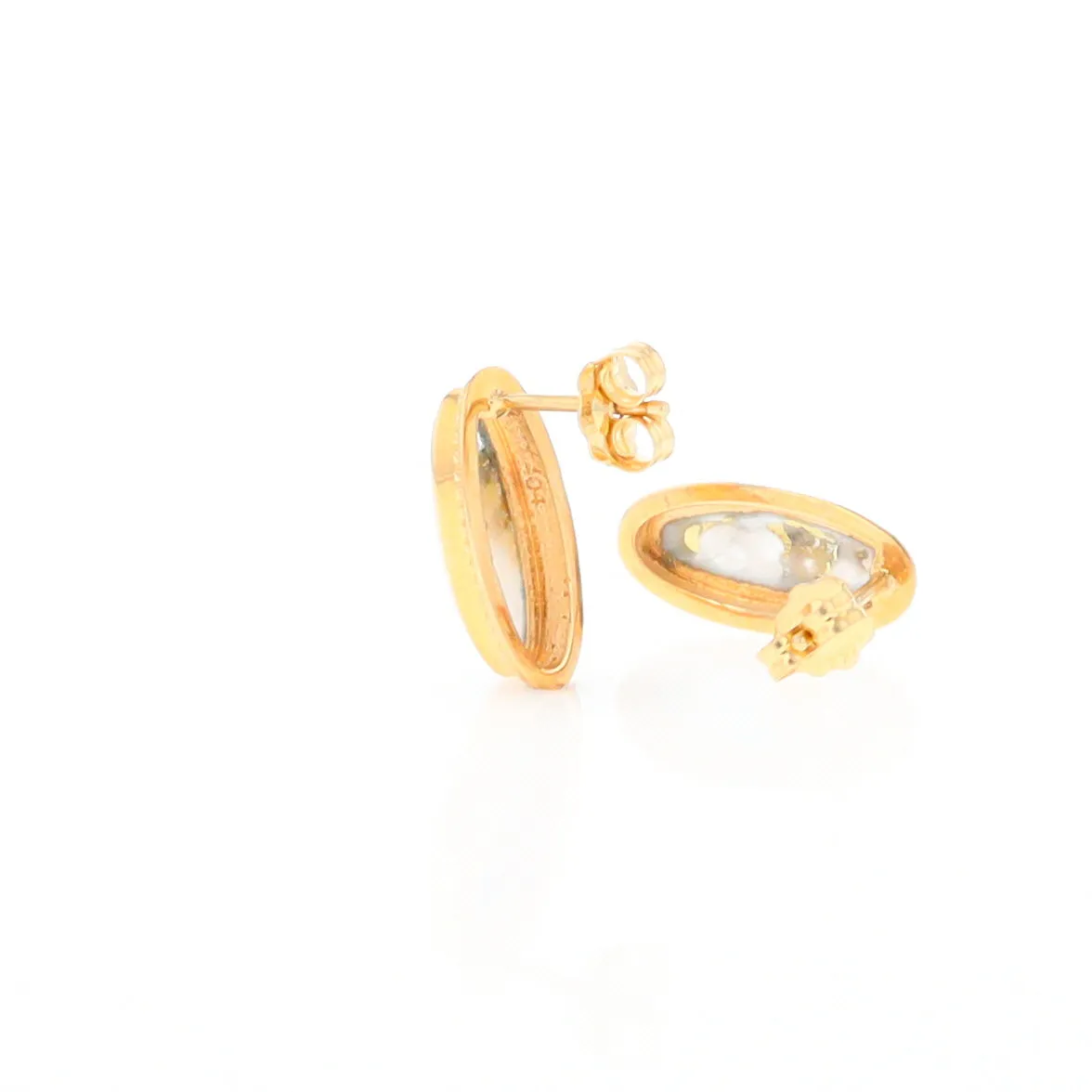 Gold Quartz Earrings Oval Inlaid Milgrain Design
