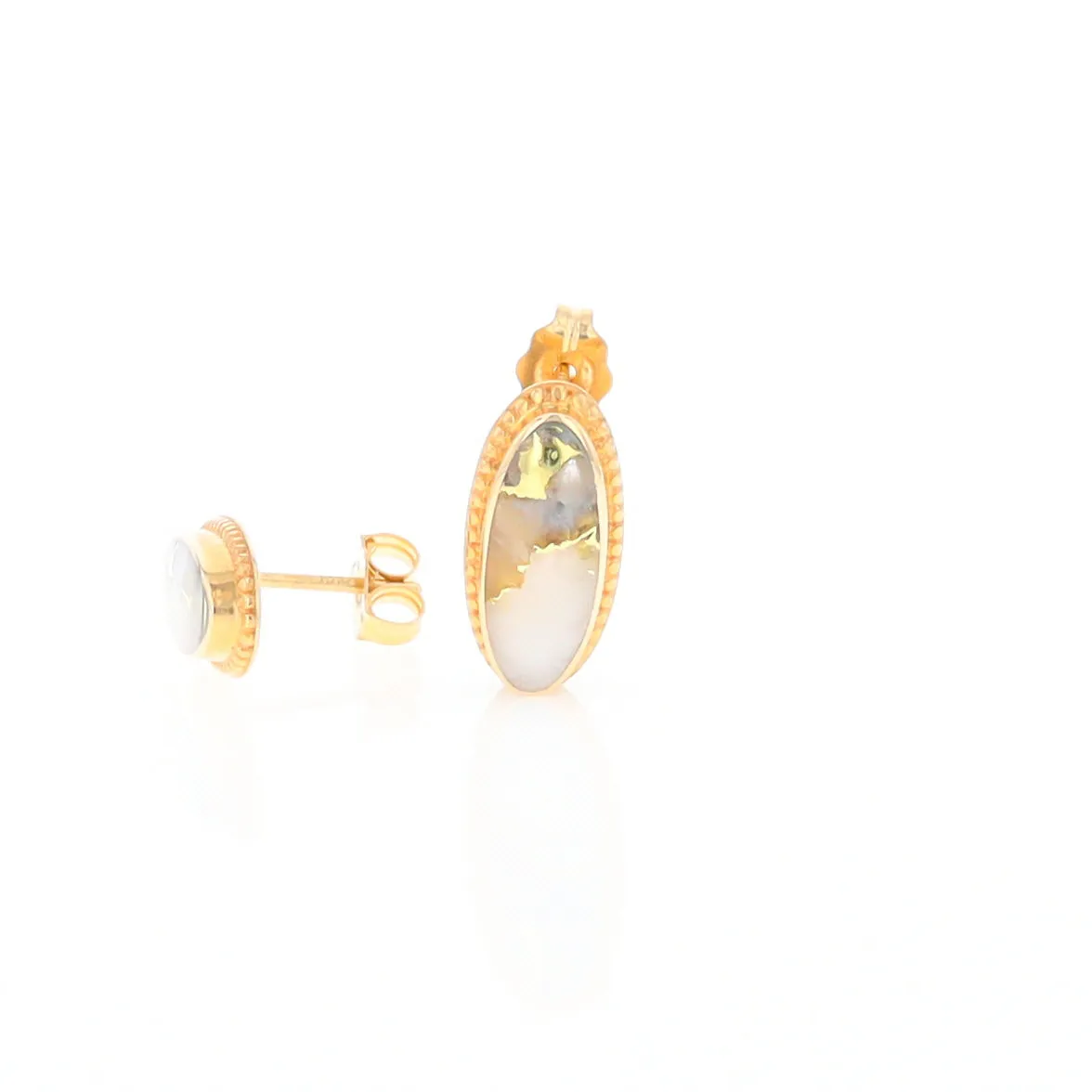 Gold Quartz Earrings Oval Inlaid Milgrain Design