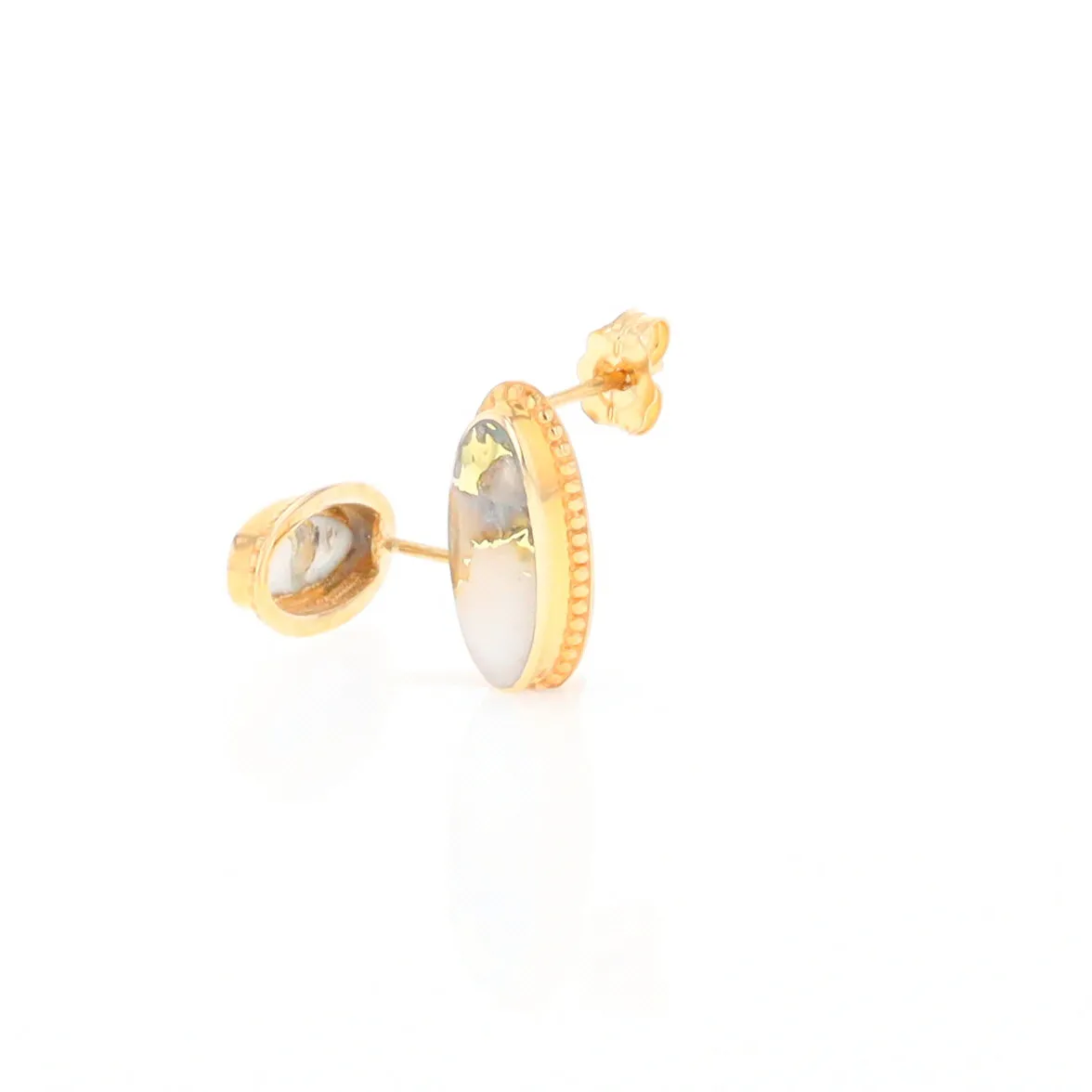 Gold Quartz Earrings Oval Inlaid Milgrain Design