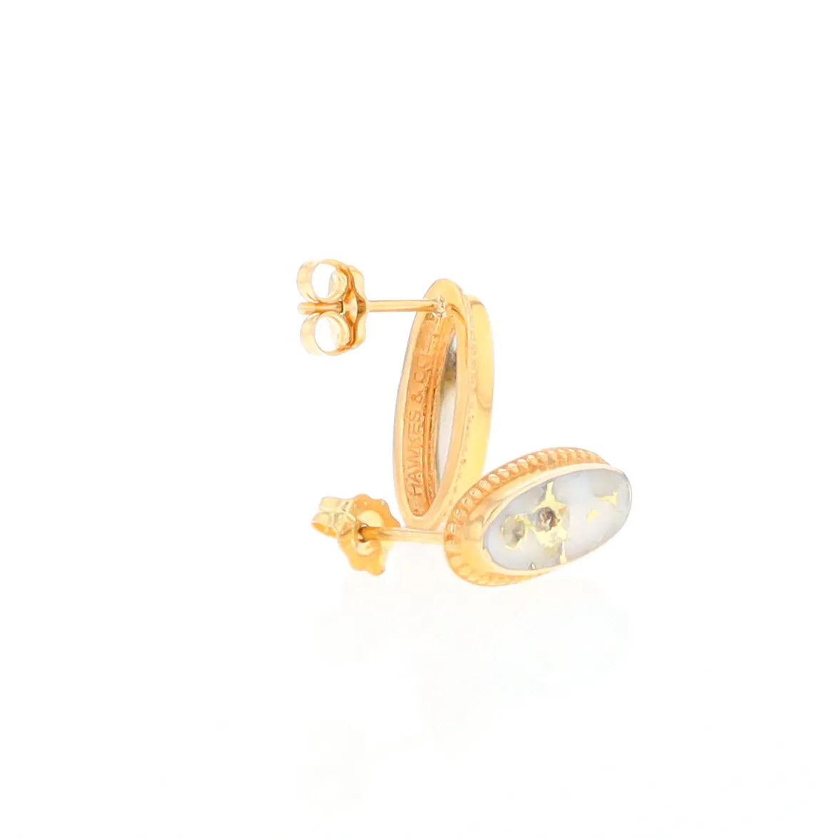 Gold Quartz Earrings Oval Inlaid Milgrain Design